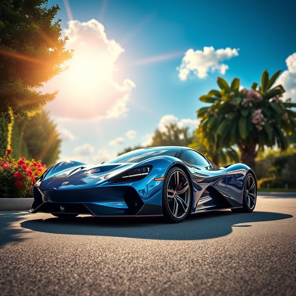 a sleek, futuristic sports car, shiny metallic blue paint, parked on a sunlit street surrounded by vibrant greenery and blooming flowers, the car reflects the sun, showcasing its aerodynamic design with smooth curves and sharp angles, a clear blue sky in the background with fluffy white clouds, capturing a perfect mid-afternoon light that emphasizes the car's details like the headlights and tires, emphasizing luxury and speed, cinematic feel