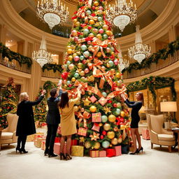 Fashion designers in a beautifully decorated hall, busily arranging a stunningly ornate Christmas tree