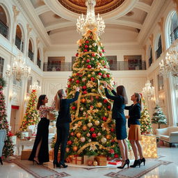 Fashion designers in a beautifully decorated hall, busily arranging a stunningly ornate Christmas tree