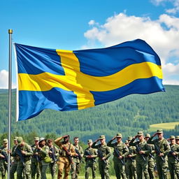 A vivid scene featuring the Swedish flag waving majestically in the wind, accompanied by a diverse group of soldiers in modern military uniforms