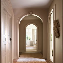 Hallway with perfectly balanced color combination for a sophisticated and relaxing feel. Showcase serene shades enhancing a welcoming and elevated ambiance.