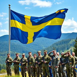 A vivid scene featuring the Swedish flag waving majestically in the wind, accompanied by a diverse group of soldiers in modern military uniforms