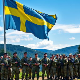 A vivid scene featuring the Swedish flag waving majestically in the wind, accompanied by a diverse group of soldiers in modern military uniforms
