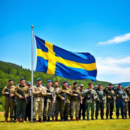 A vivid scene featuring the Swedish flag waving majestically in the wind, accompanied by a diverse group of soldiers in modern military uniforms