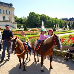 Children joyfully riding ponies in the beautiful Luxembourg Gardens in Paris