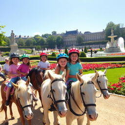 Children joyfully riding ponies in the beautiful Luxembourg Gardens in Paris