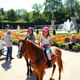 Children joyfully riding ponies in the beautiful Luxembourg Gardens in Paris