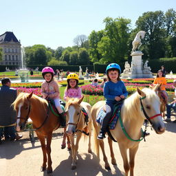 Children joyfully riding ponies in the beautiful Luxembourg Gardens in Paris