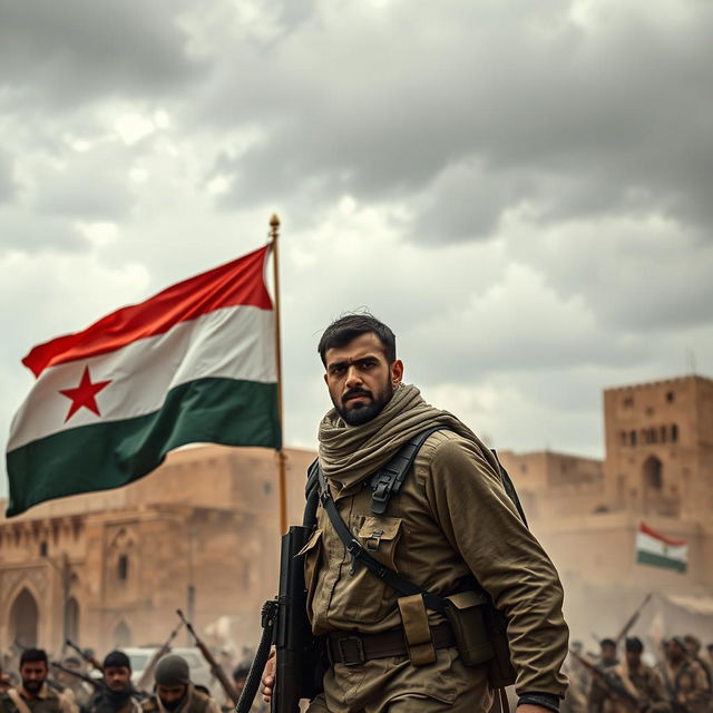 A dramatic scene in the city of Sana'a, Yemen, with the national flag of Yemen prominently displayed