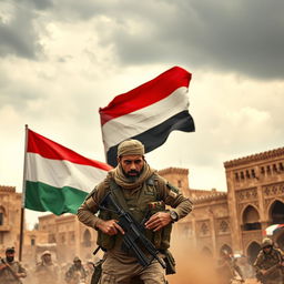 A dramatic scene in the city of Sana'a, Yemen, with the national flag of Yemen prominently displayed