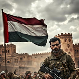A dramatic scene in the city of Sana'a, Yemen, with the national flag of Yemen prominently displayed