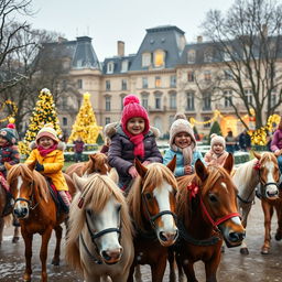 A whimsical scene depicting children joyfully riding ponies in the lush Luxembourg Gardens in Paris during Christmas