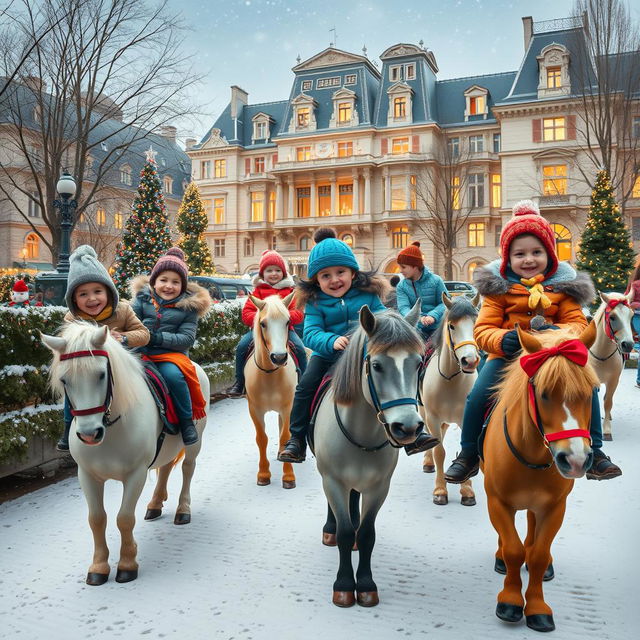 A whimsical scene depicting children joyfully riding ponies in the lush Luxembourg Gardens in Paris during Christmas