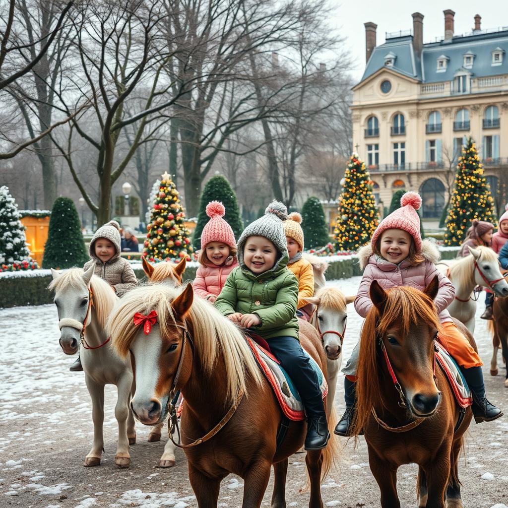 A whimsical scene depicting children joyfully riding ponies in the lush Luxembourg Gardens in Paris during Christmas