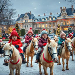 A whimsical scene depicting children joyfully riding ponies in the lush Luxembourg Gardens in Paris during Christmas