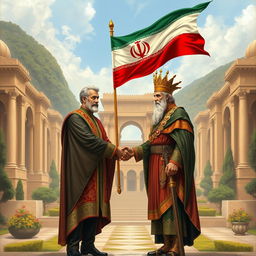 A historical artwork depicting Mohammad Reza Shah and Cyrus the Great standing together, symbolically shaking hands