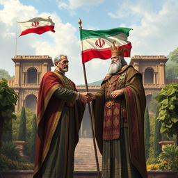 A historical artwork depicting Mohammad Reza Shah and Cyrus the Great standing together, symbolically shaking hands