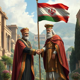 A historical artwork depicting Mohammad Reza Shah and Cyrus the Great standing together, symbolically shaking hands