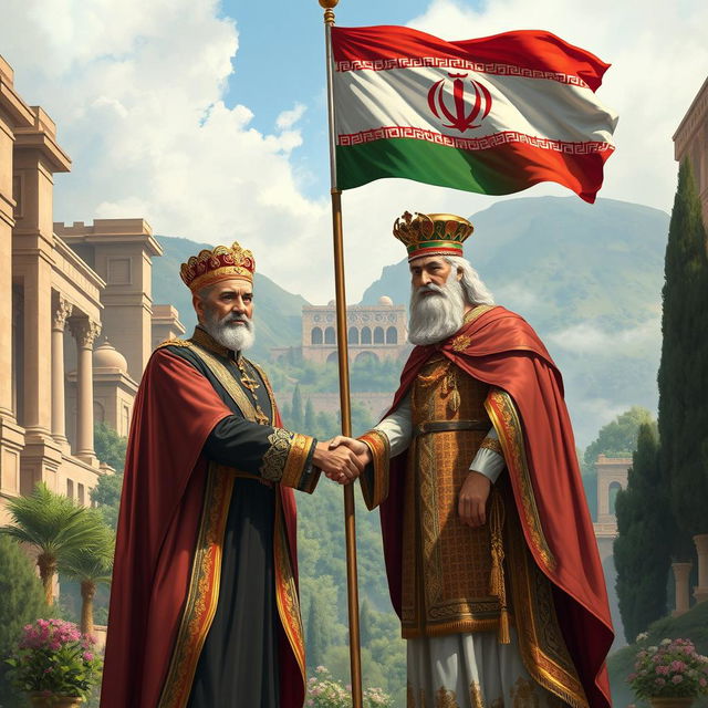 A historical artwork depicting Mohammad Reza Shah and Cyrus the Great standing together, symbolically shaking hands