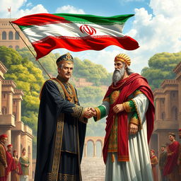 A historical artwork depicting Mohammad Reza Shah and Cyrus the Great standing together, symbolically shaking hands