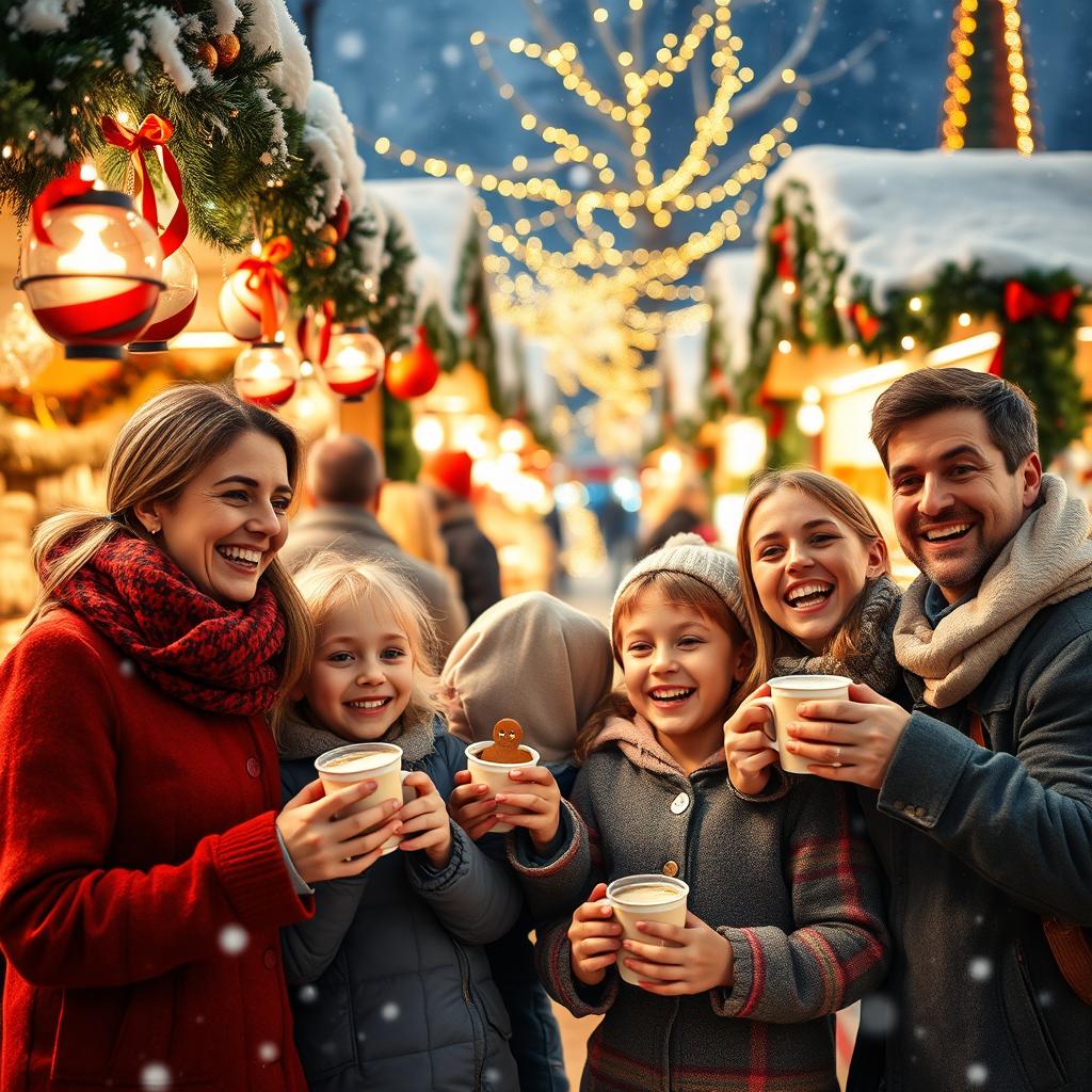 A joyful scene of a family with children enjoying a Christmas market