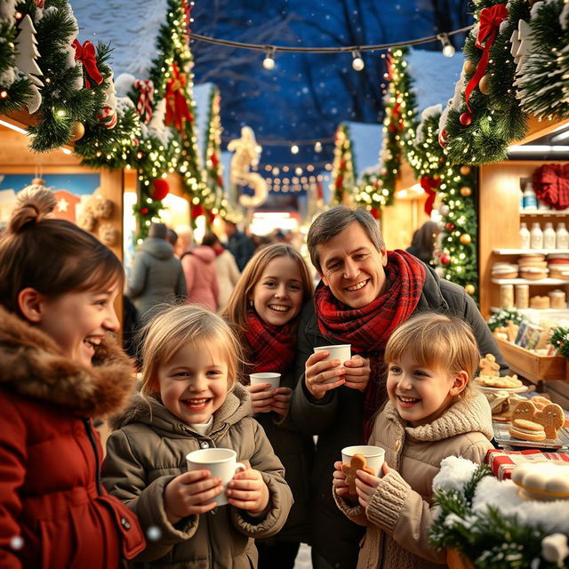 A joyful scene of a family with children enjoying a Christmas market