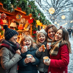 A joyful scene of a family with children enjoying a Christmas market