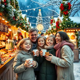 A joyful scene of a family with children enjoying a Christmas market