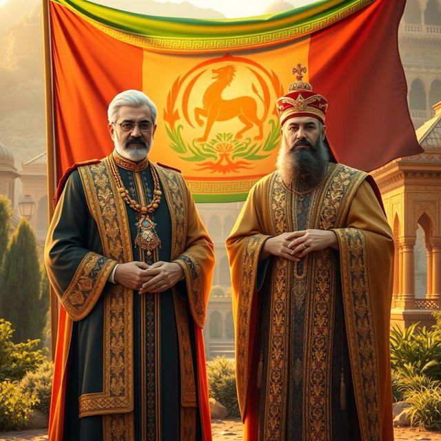 A historical scene depicting Mohammad Reza Shah and Cyrus the Great standing side by side, both dressed in majestic, traditional Persian royal attire