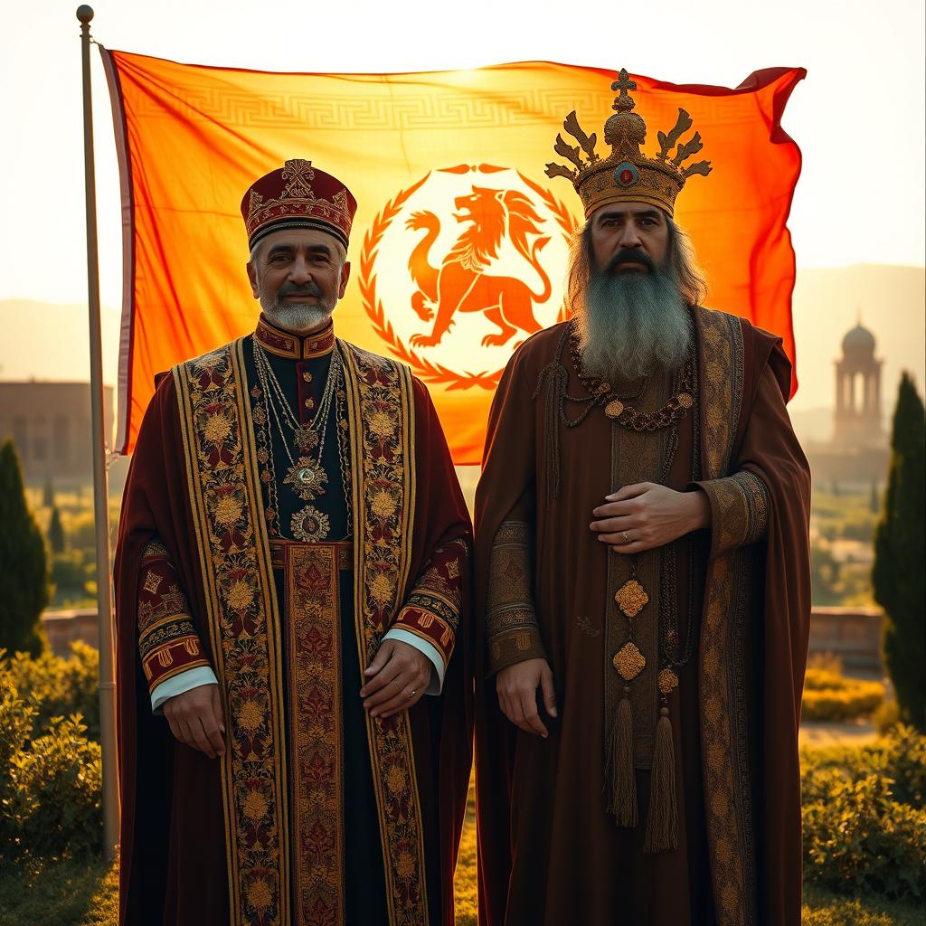 A historical scene depicting Mohammad Reza Shah and Cyrus the Great standing side by side, both dressed in majestic, traditional Persian royal attire