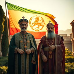 A historical scene depicting Mohammad Reza Shah and Cyrus the Great standing side by side, both dressed in majestic, traditional Persian royal attire