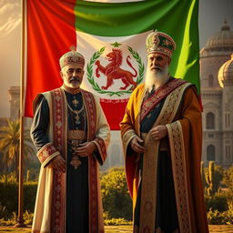 A historical scene depicting Mohammad Reza Shah and Cyrus the Great standing side by side, both dressed in majestic, traditional Persian royal attire
