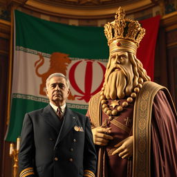 A majestic scene featuring the Lion and Sun flag of the Pahlavi dynasty prominently displayed in the background