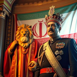 A majestic scene featuring the Lion and Sun flag of the Pahlavi dynasty prominently displayed in the background