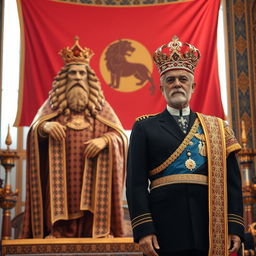 A majestic scene featuring the Lion and Sun flag of the Pahlavi dynasty prominently displayed in the background