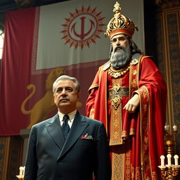 A majestic scene featuring the Lion and Sun flag of the Pahlavi dynasty prominently displayed in the background