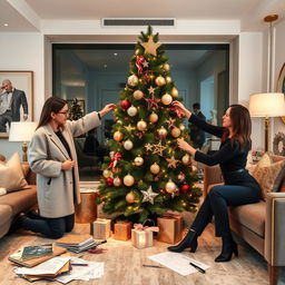 Fashion designers decorating a modern Christmas tree in a chic salon, showcasing trendy decorations and stylish ornaments