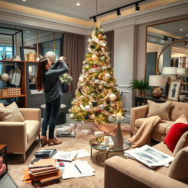 Fashion designers decorating a modern Christmas tree in a chic salon, showcasing trendy decorations and stylish ornaments