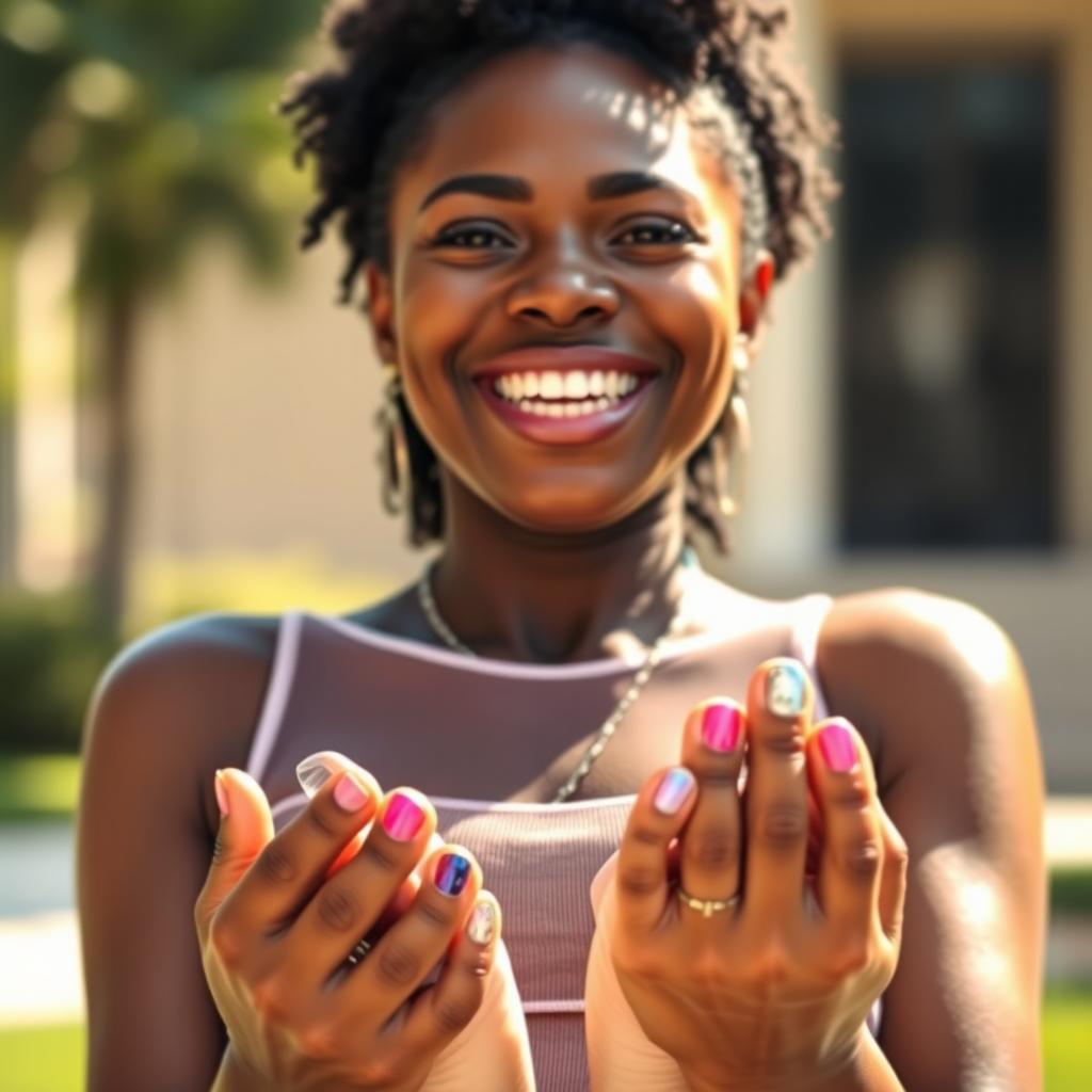 A cheerful black woman with a small bust wearing a transparent top