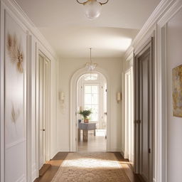 Hallway with perfectly balanced color combination for a sophisticated and relaxing feel. Showcase serene shades enhancing a welcoming and elevated ambiance.