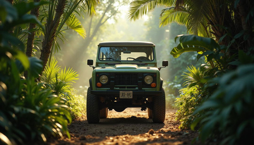 A classic 1970s off-road vehicle navigating through a dense jungle landscape, surrounded by lush greenery and exotic plants