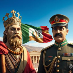 A historical and artistic depiction of Cyrus the Great (کوروش کبیر) alongside Mohammad Reza Pahlavi (محمد رضا شاه پهلوی), prominently featuring the Achaemenid flag (پرچم هخامنشیان)