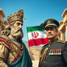 A historical and artistic depiction of Cyrus the Great (کوروش کبیر) alongside Mohammad Reza Pahlavi (محمد رضا شاه پهلوی), prominently featuring the Achaemenid flag (پرچم هخامنشیان)