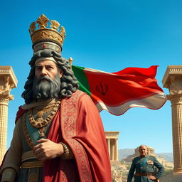 A historical and artistic depiction of Cyrus the Great (کوروش کبیر) alongside Mohammad Reza Pahlavi (محمد رضا شاه پهلوی), prominently featuring the Achaemenid flag (پرچم هخامنشیان)