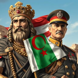 A historical and artistic depiction of Cyrus the Great (کوروش کبیر) alongside Mohammad Reza Pahlavi (محمد رضا شاه پهلوی), prominently featuring the Achaemenid flag (پرچم هخامنشیان)
