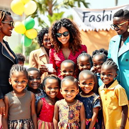 A heartwarming scene where fashion designers are donating money to a group of smiling, orphaned children in a bright, cheerful environment