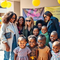 A heartwarming scene where fashion designers are donating money to a group of smiling, orphaned children in a bright, cheerful environment