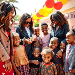 A heartwarming scene where fashion designers are donating money to a group of smiling, orphaned children in a bright, cheerful environment