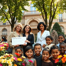 Fashion designers in Paris donating their money to orphaned children, showcasing a heartwarming scene in front of a beautiful Parisian architecture
