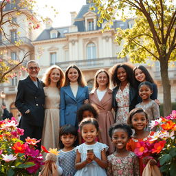 Fashion designers in Paris donating their money to orphaned children, showcasing a heartwarming scene in front of a beautiful Parisian architecture